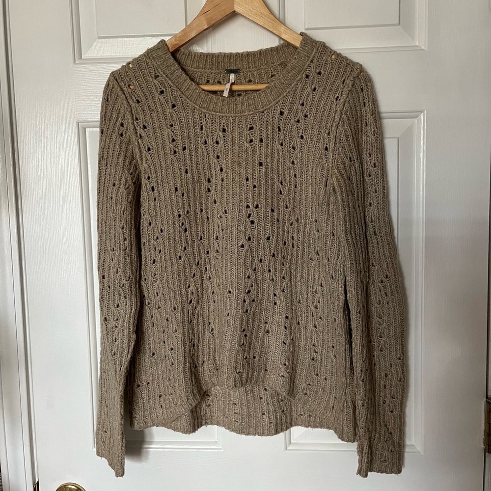 FREE PEOPLE Women Beige Sz S/P Open Cable Knit Sweater Crochet-Look Crew Neck